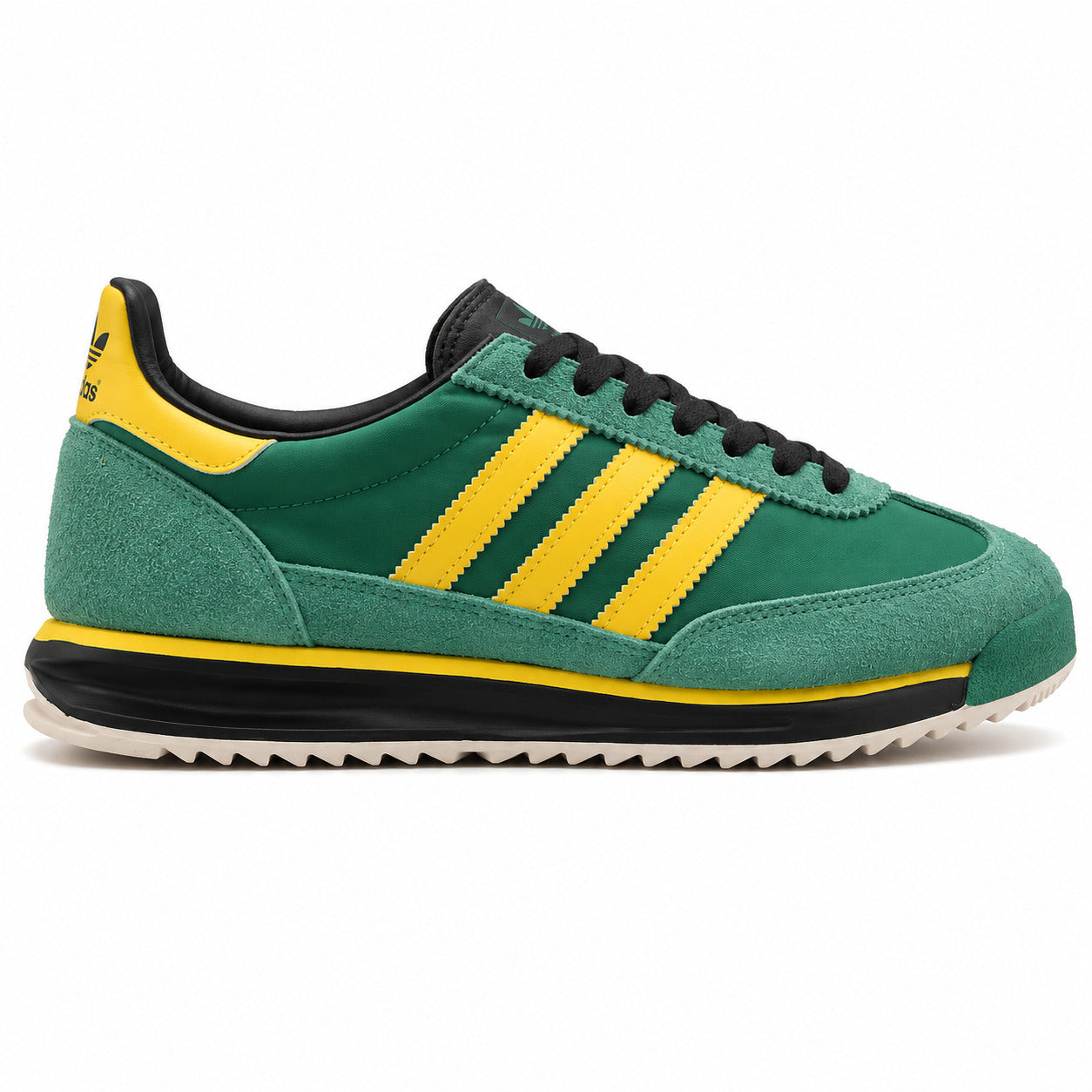 Adidas SL 72 verde esmeralda nylon bandas amarelo mediasuela negra suela crema perfil derecho