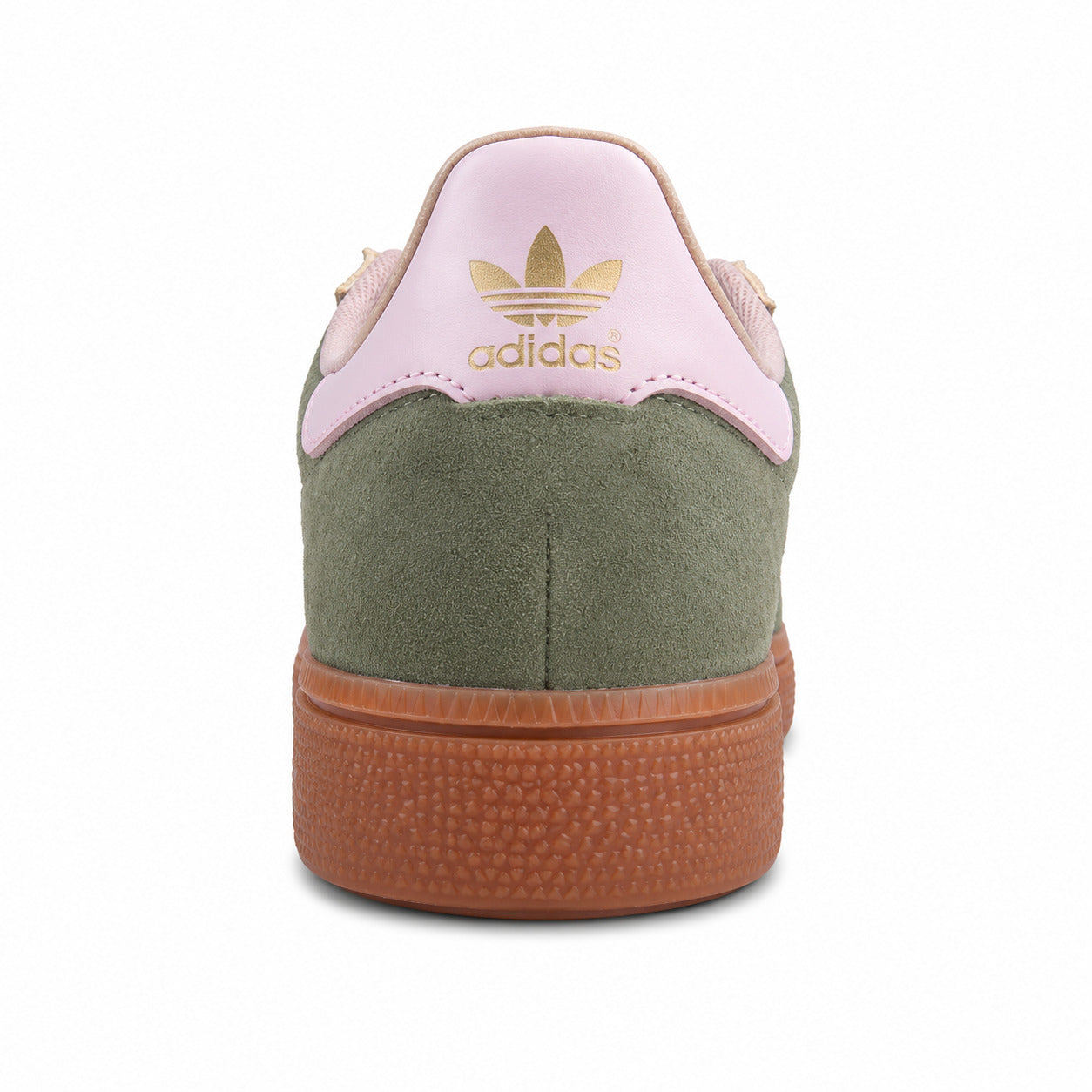 Adidas SNS GT II verde oliva detalle talón pele rosa trefoil dourado suela borracha