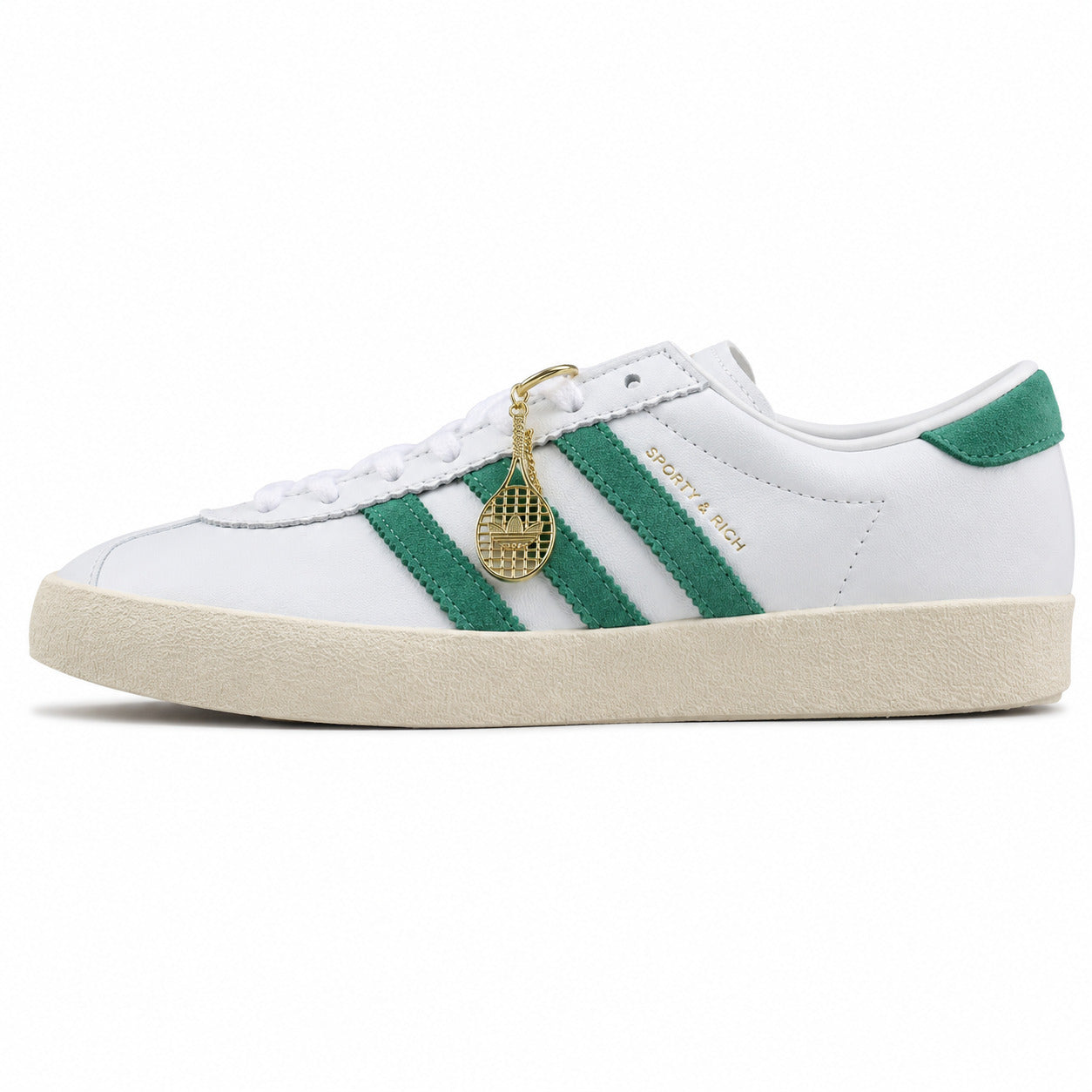 Adidas Taekwondo x Sporty Rich branco verde ante colgante raqueta suela crema perfil izquierdo