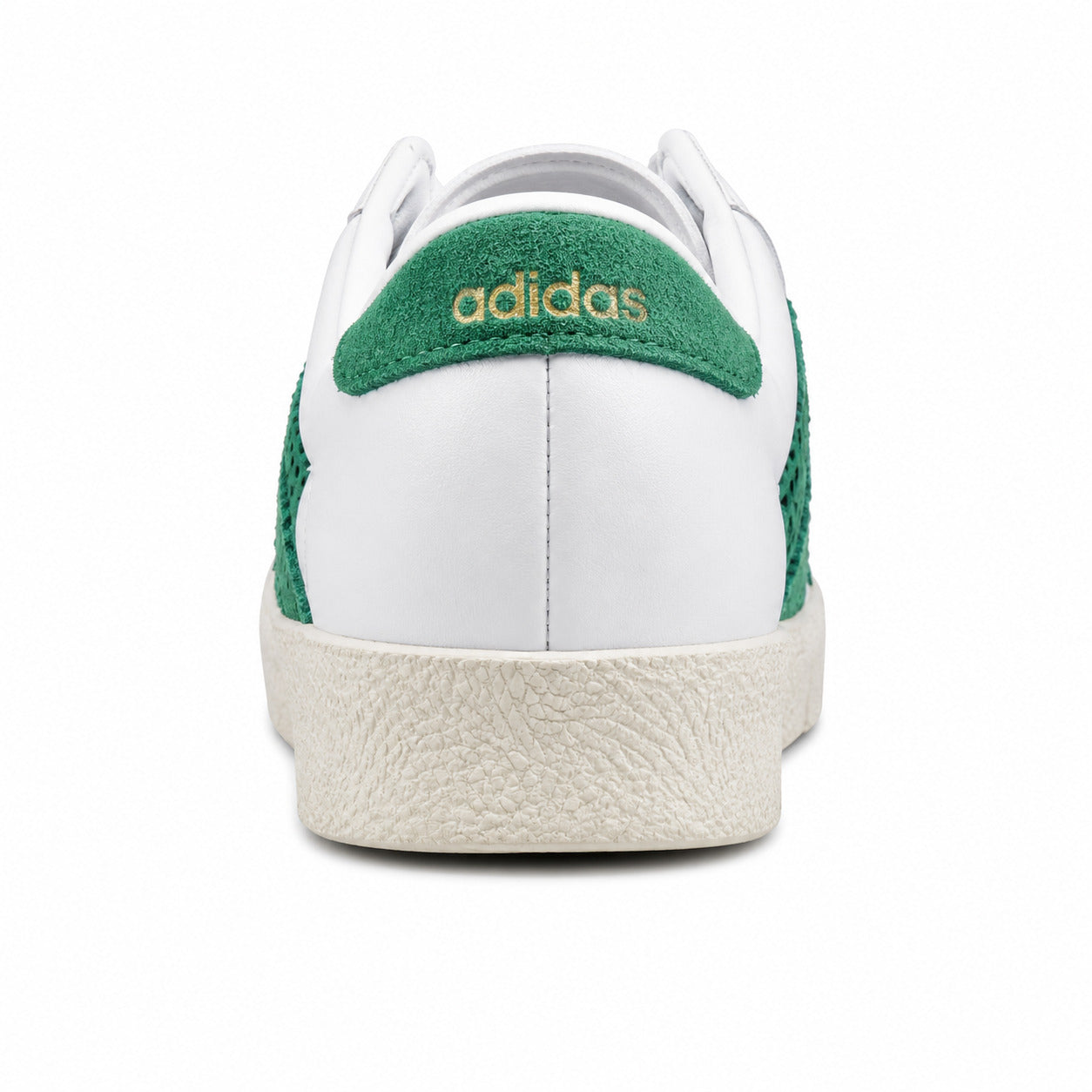 Adidas Taekwondo x Sporty Rich branco detalle talón ante verde adidas dourado suela crema