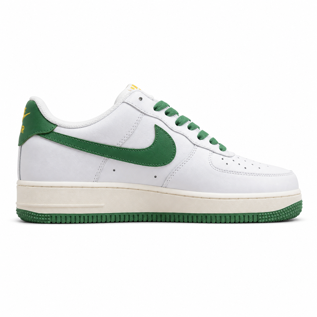 Nike Air Force 1 07 branco verde amarelo lateral derecha