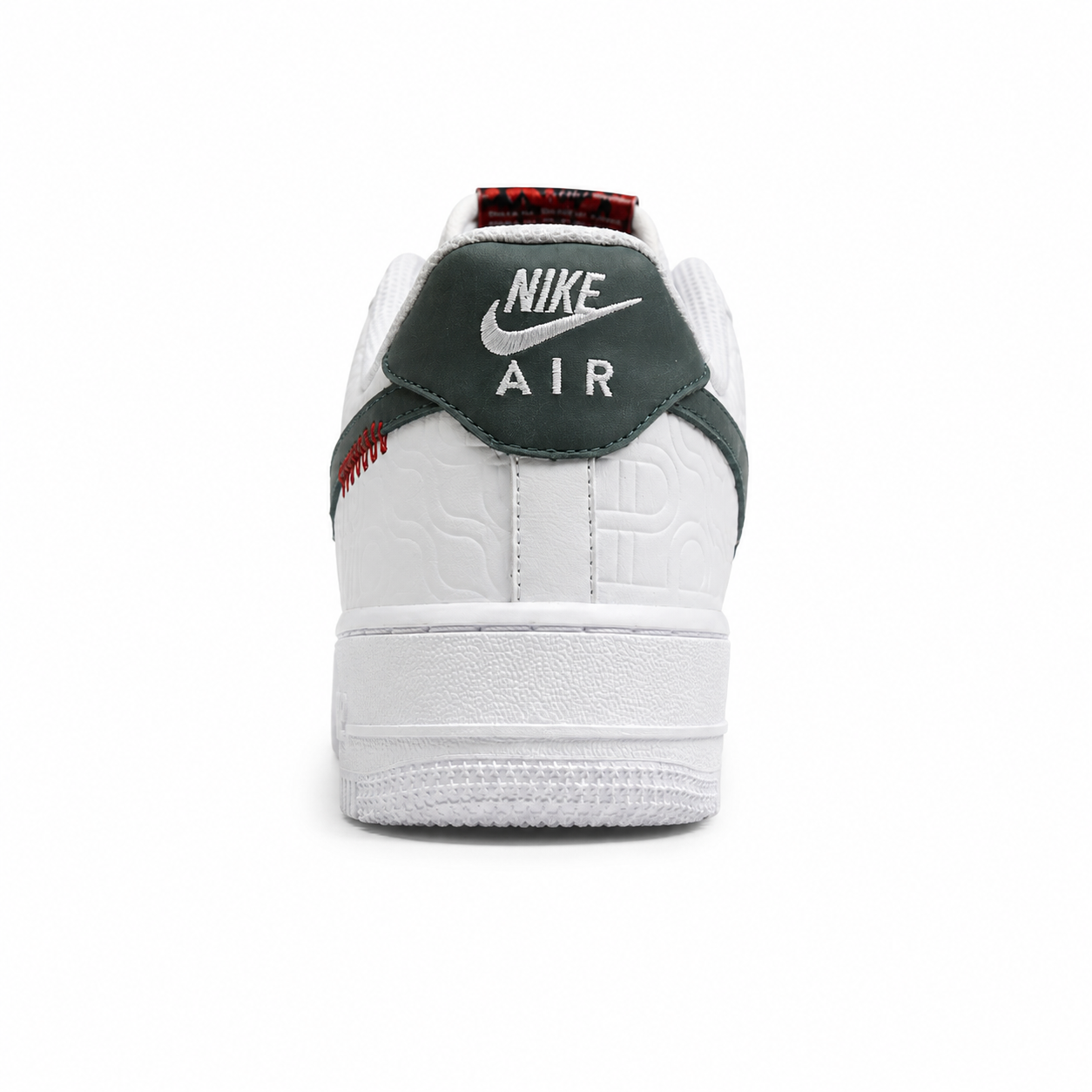 Nike Air Force 1 Low branco verde oscuro talón detalle bordado