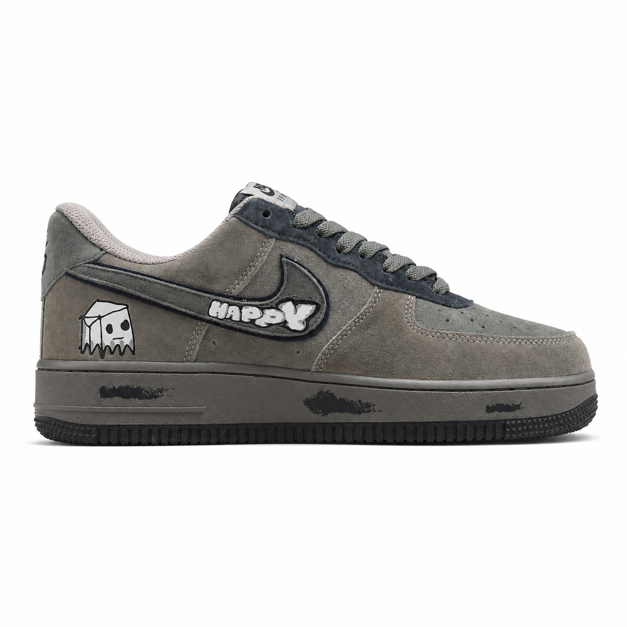 Nike Air Force 1 Low Happy Drip cinzento suede lateral derecha