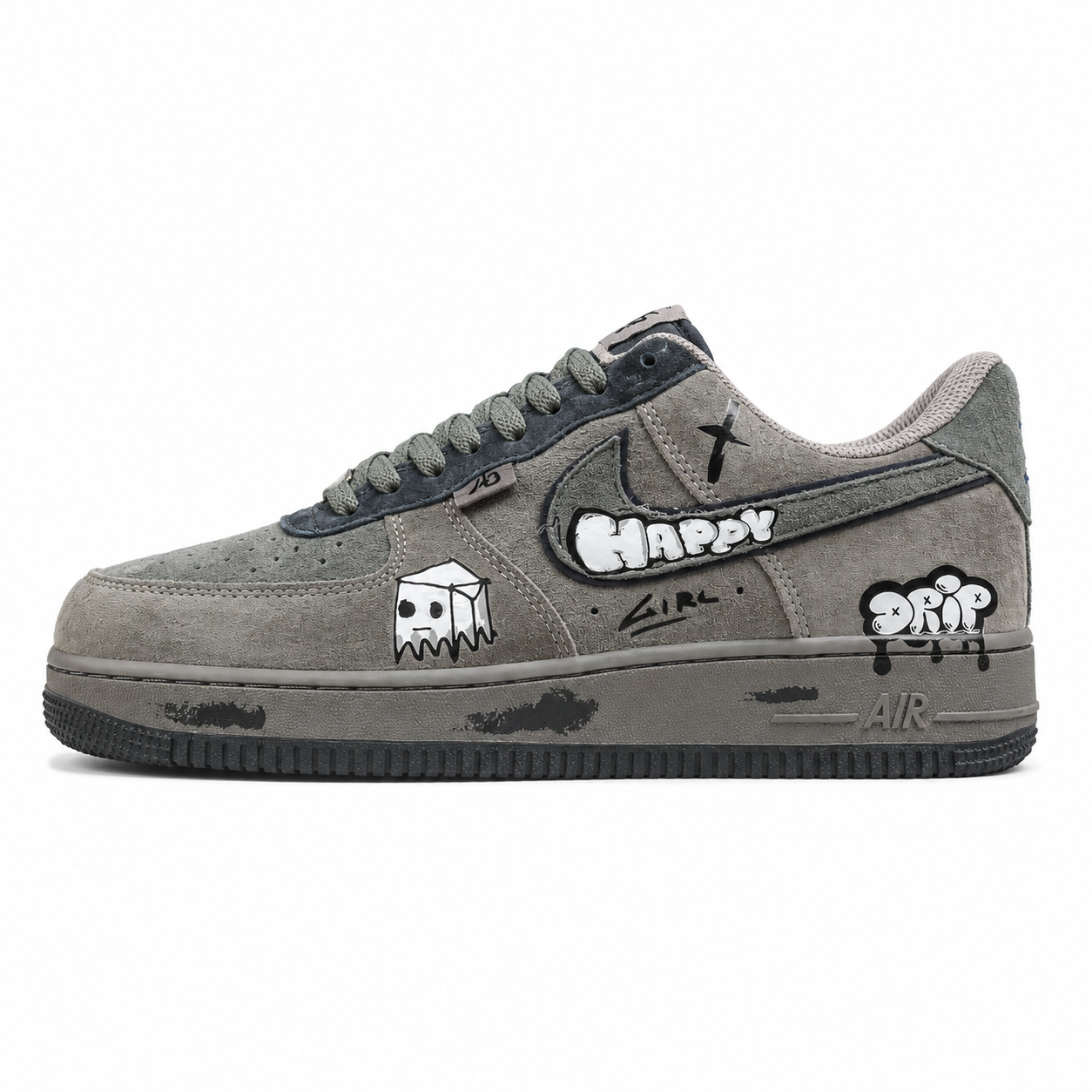 Nike Air Force 1 Low Happy Drip cinzento suede lateral izquierda