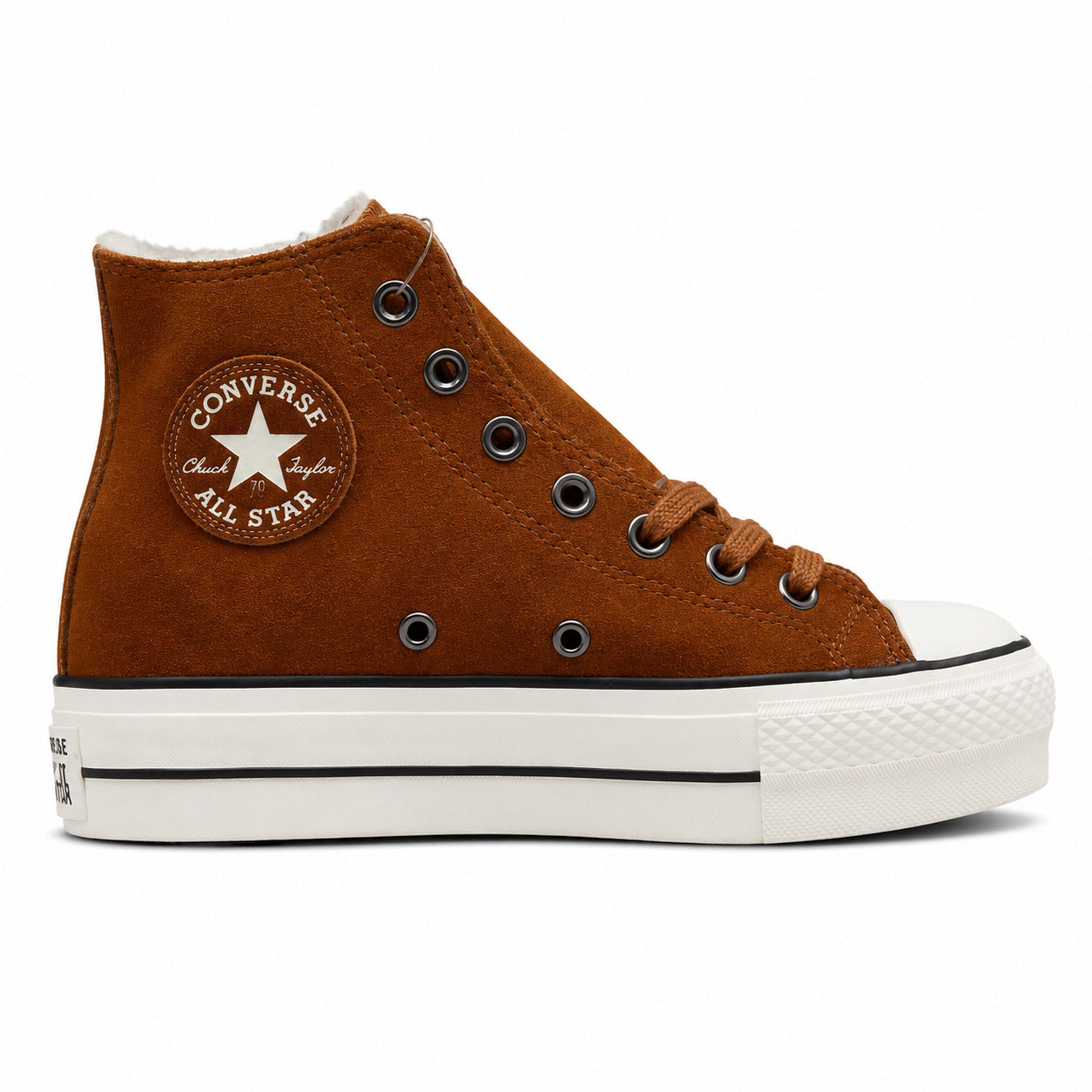 Converse Chuck 70 Hi Platform castanho ante sherpa lateral derecha logo