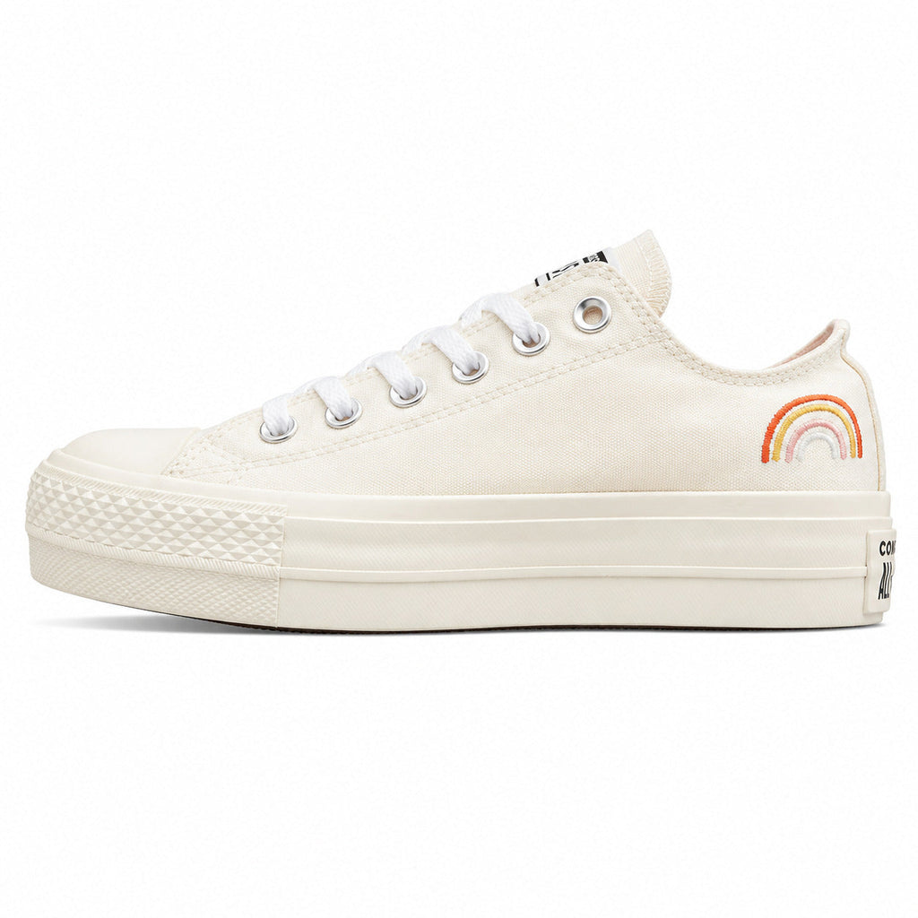 Converse All Star Platform Low bordado arcoíris branco crema lateral izquierda