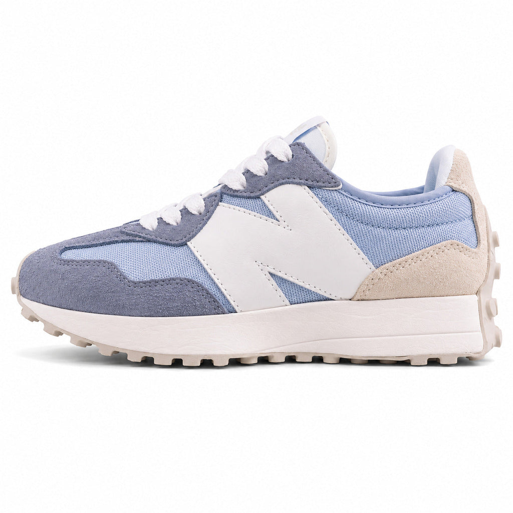 New Balance 327 azul claro y cinzento ante y nylon, lateral exterior