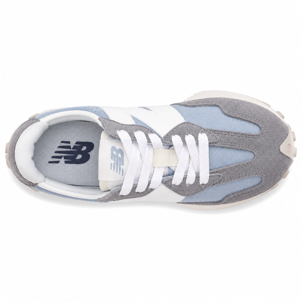 New Balance 327 azul claro y cinzento, vista superior con palmilla azul