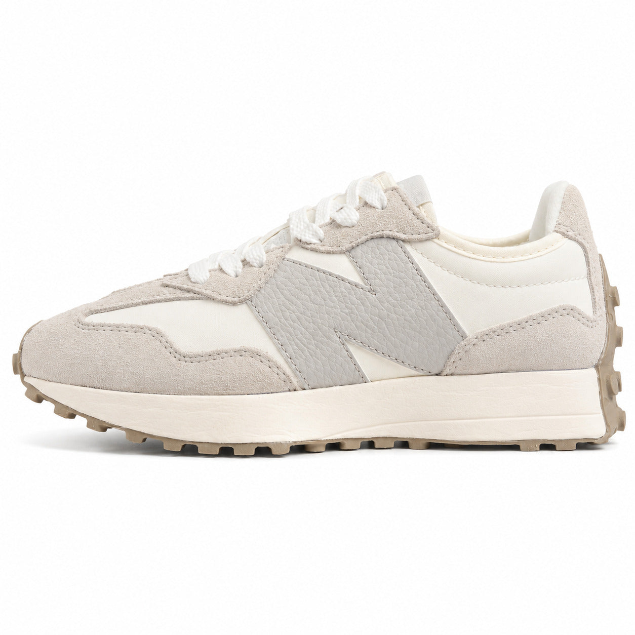 New Balance 327 crema y cinzento ante y nylon, lateral exterior