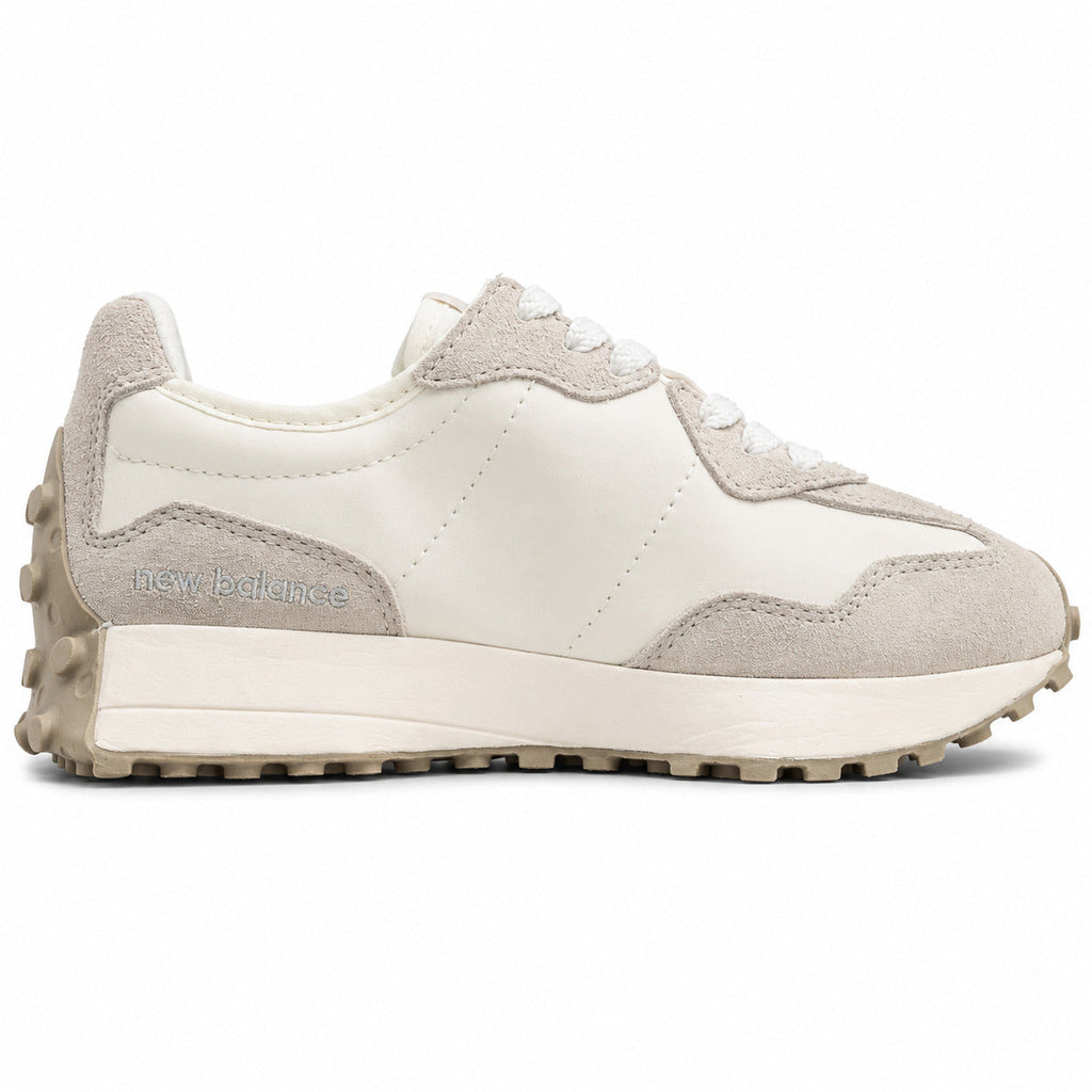 New Balance 327 crema y cinzento ante y nylon, lateral interior