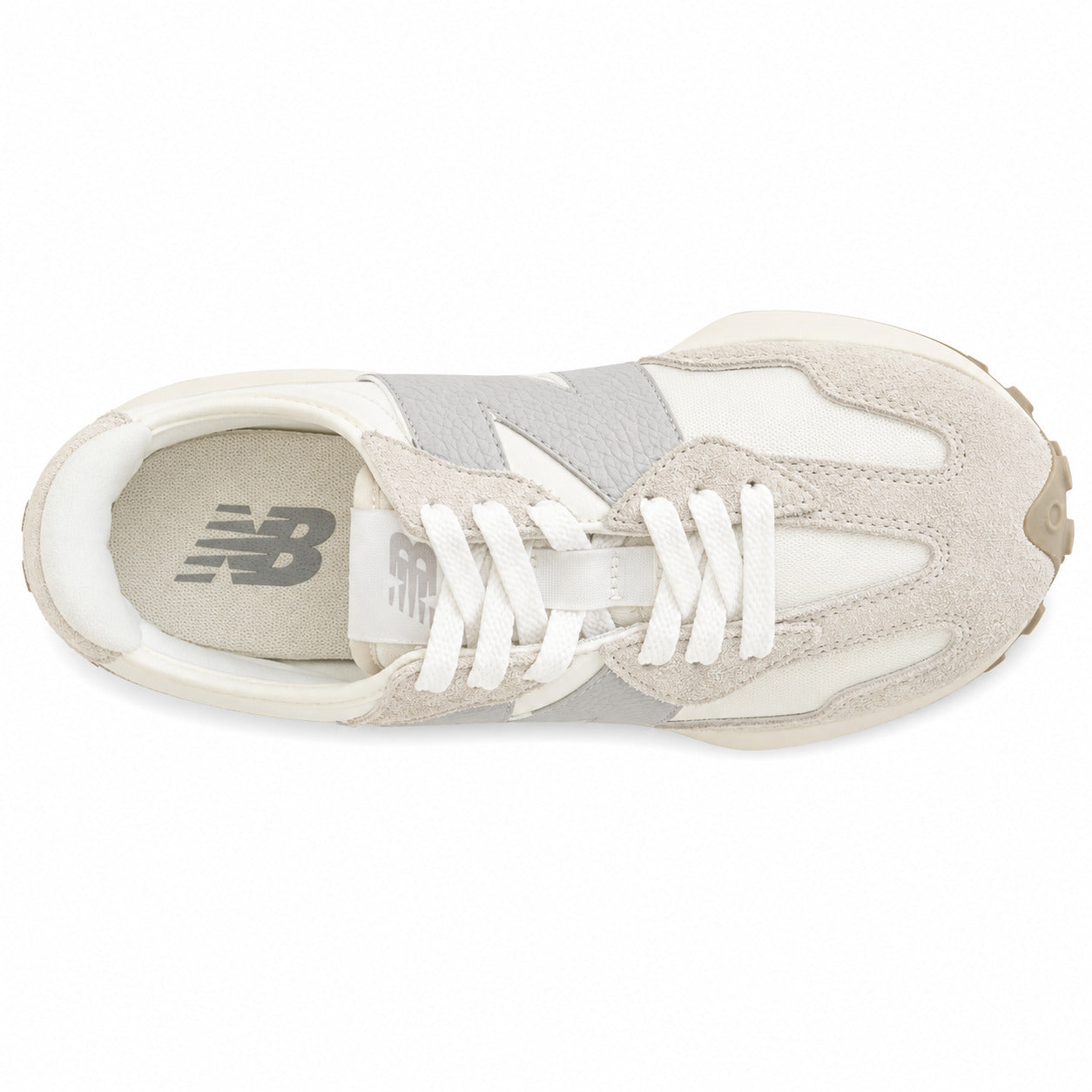 New Balance 327 crema y cinzento, vista superior con palmilla cinzento
