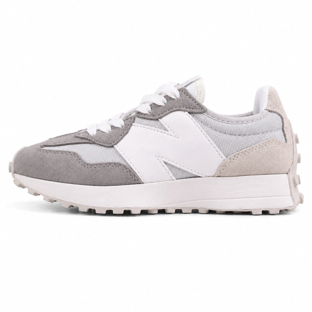 New Balance 327 cinzento claro y branco ante y nylon, lateral exterior