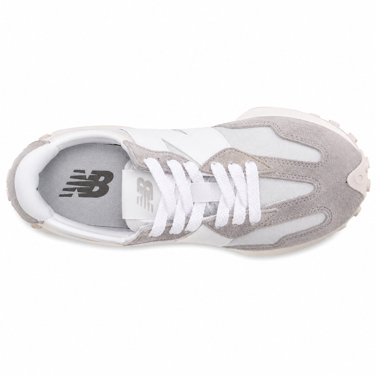 New Balance 327 cinzento claro y branco, vista superior con palmilla cinzento