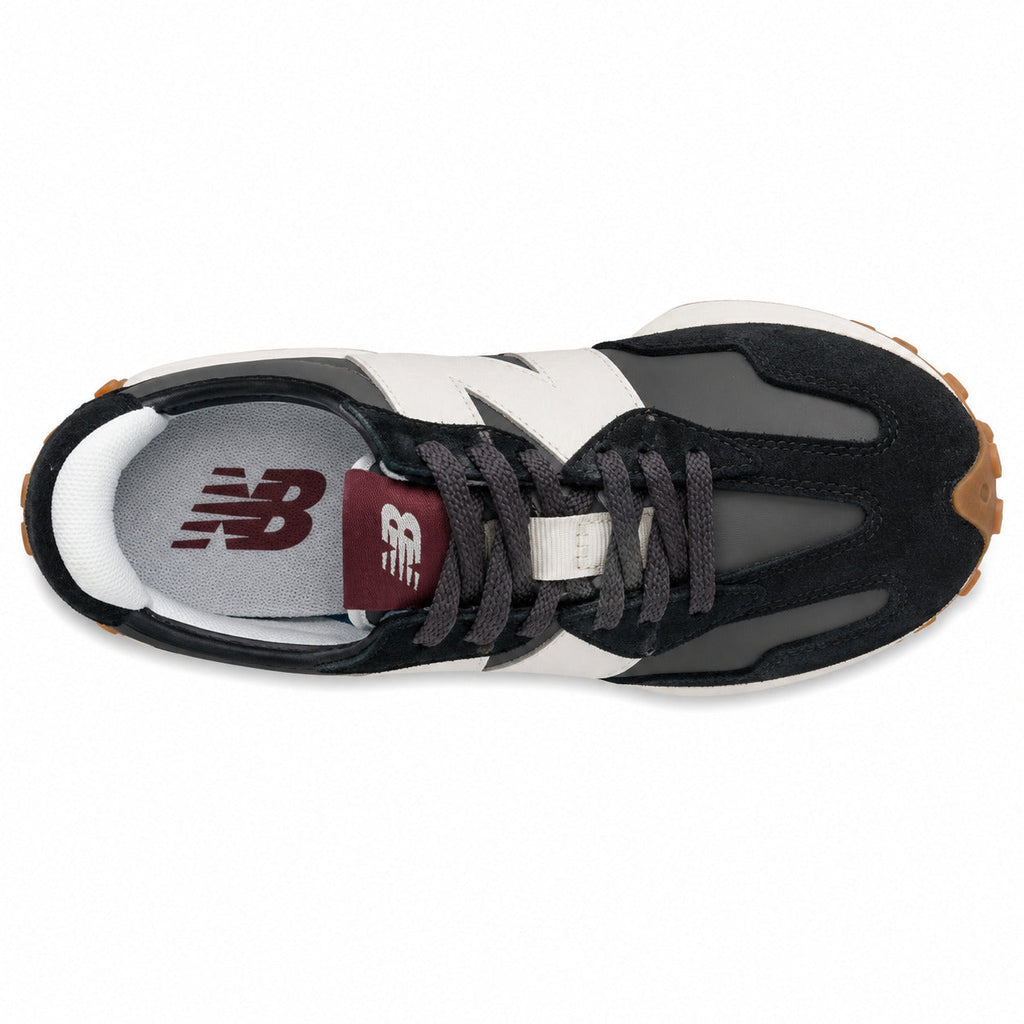 New Balance 327 preto y crema, vista superior con palmilla burdeos