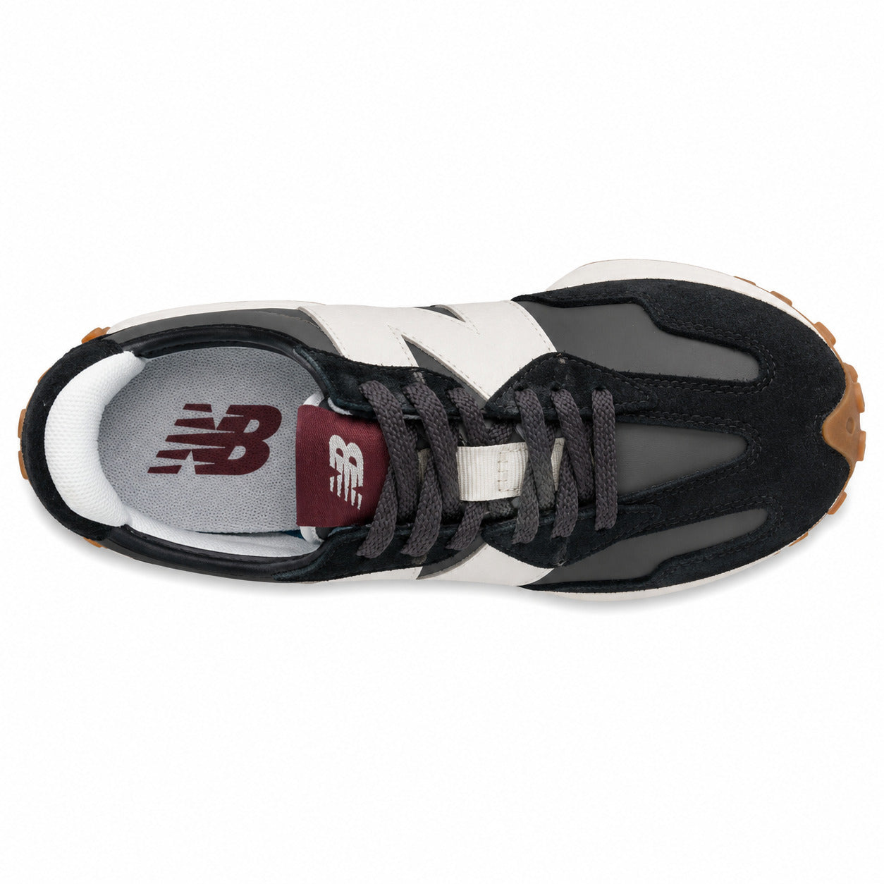 New Balance 327 preto y crema, vista superior con palmilla burdeos