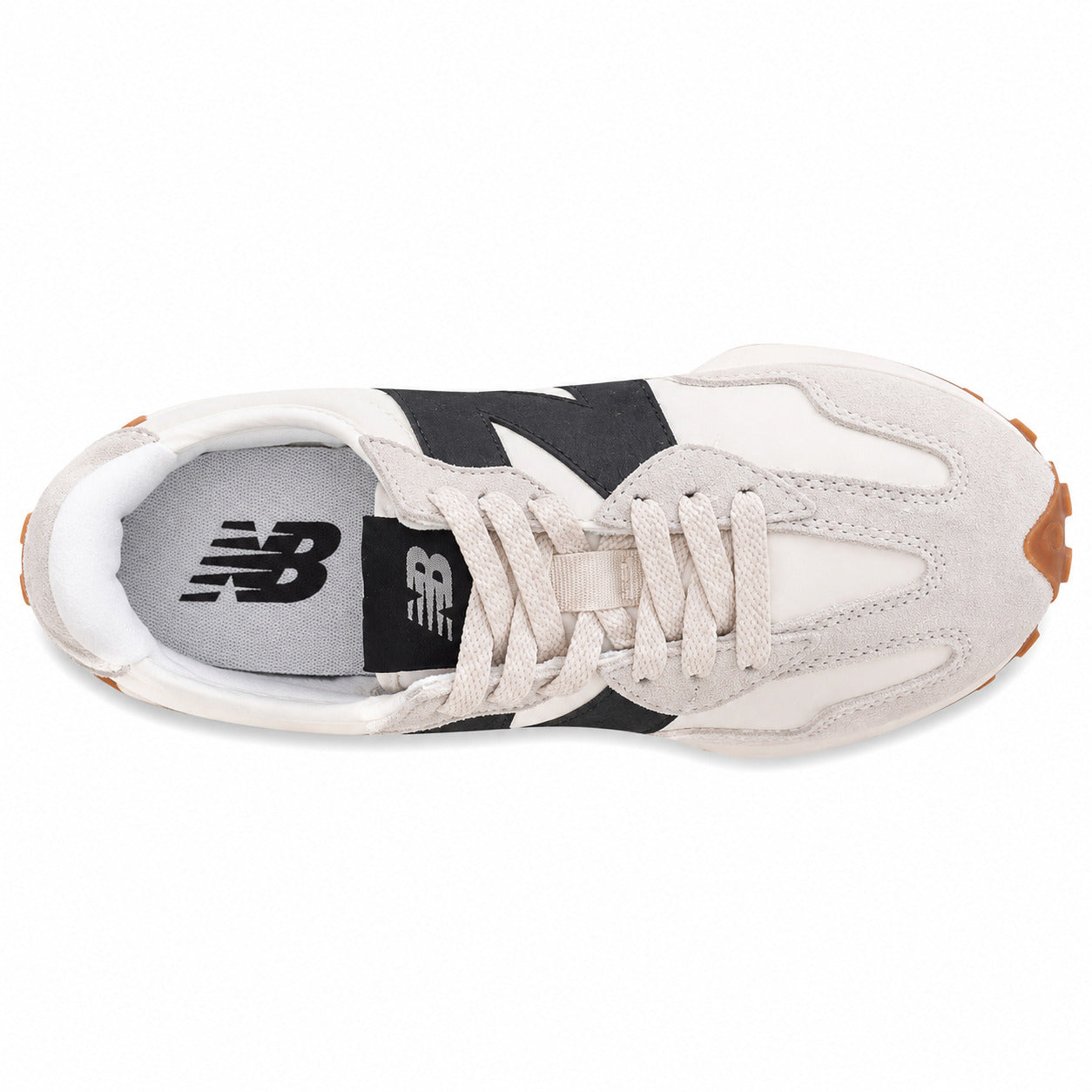 New Balance 328 crema y preto, vista superior con palmilla negra