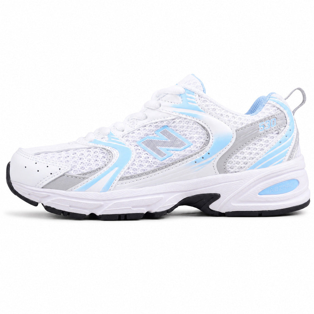 New Balance 530 branco y azul claro mesh y pele, lateral exterior