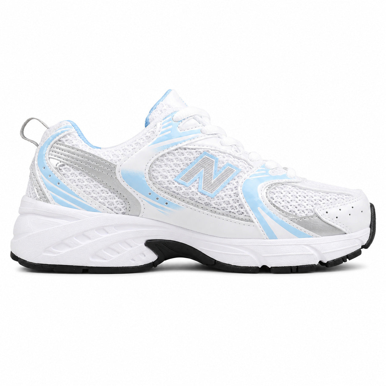 New Balance 530 branco y azul claro mesh y pele, lateral interior