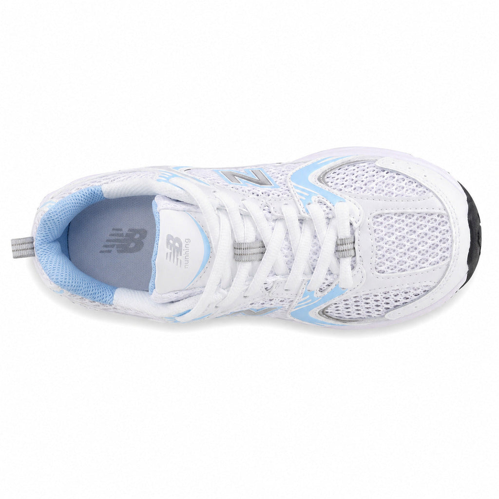 New Balance 530 branco y azul claro, vista superior con palmilla azul
