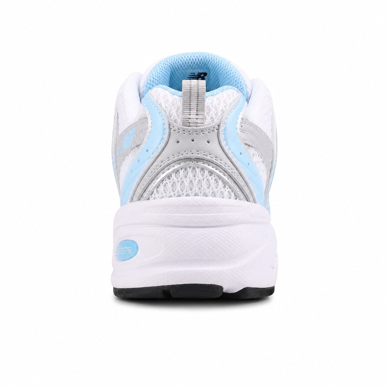 New Balance 530 branco y azul claro, detalle talón con tecnología ABZORB