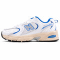 New Balance 530 branco y azul mesh y pele, lateral exterior