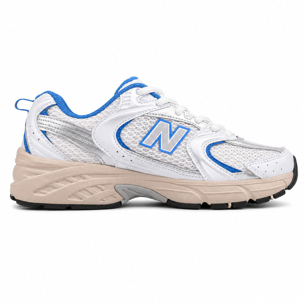 New Balance 530 branco y azul mesh y pele, lateral interior
