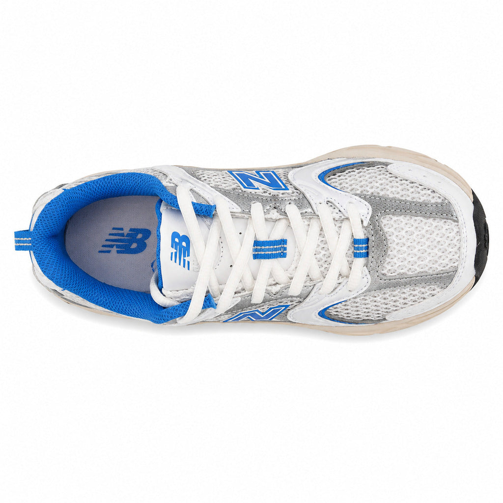 New Balance 530 branco y azul, vista superior con palmilla azul