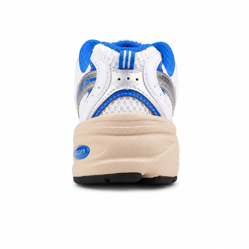 New Balance 530 branco y azul, detalle talón con tecnología ABZORB azul