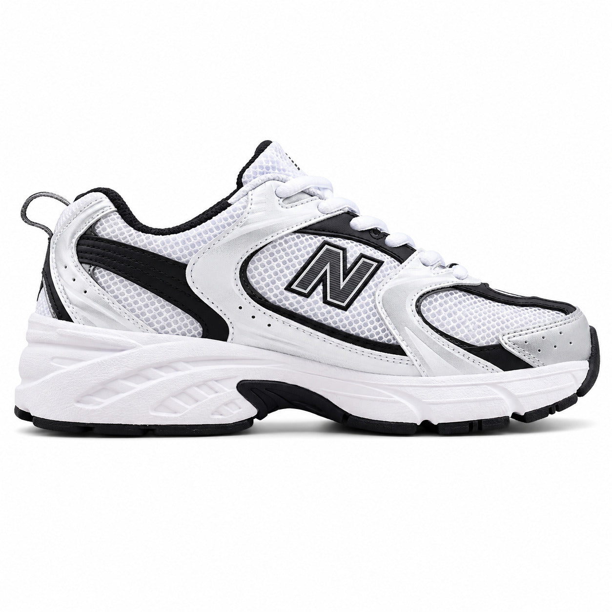 New Balance 530 branco preto plata vista lateral derecha