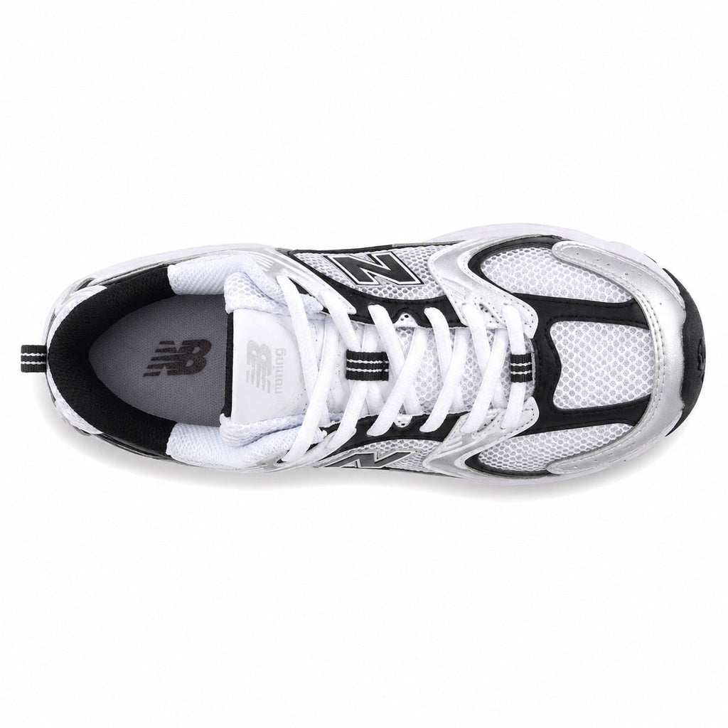 New Balance 530 branco preto plata vista superior cordones