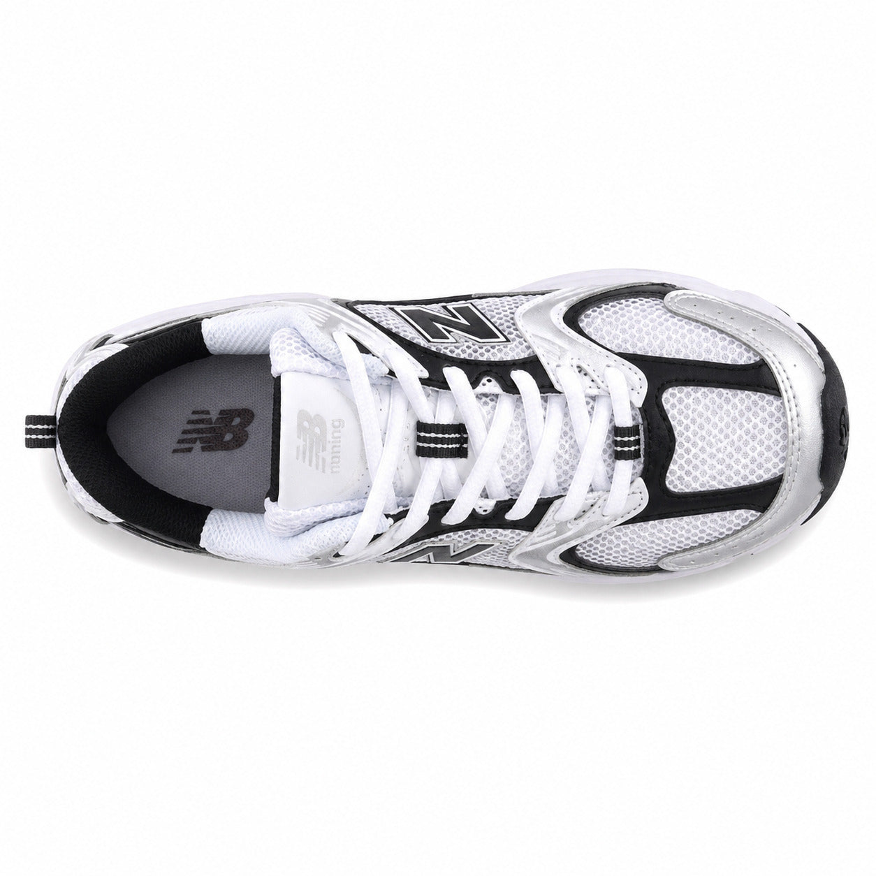 New Balance 530 branco preto plata vista superior cordones