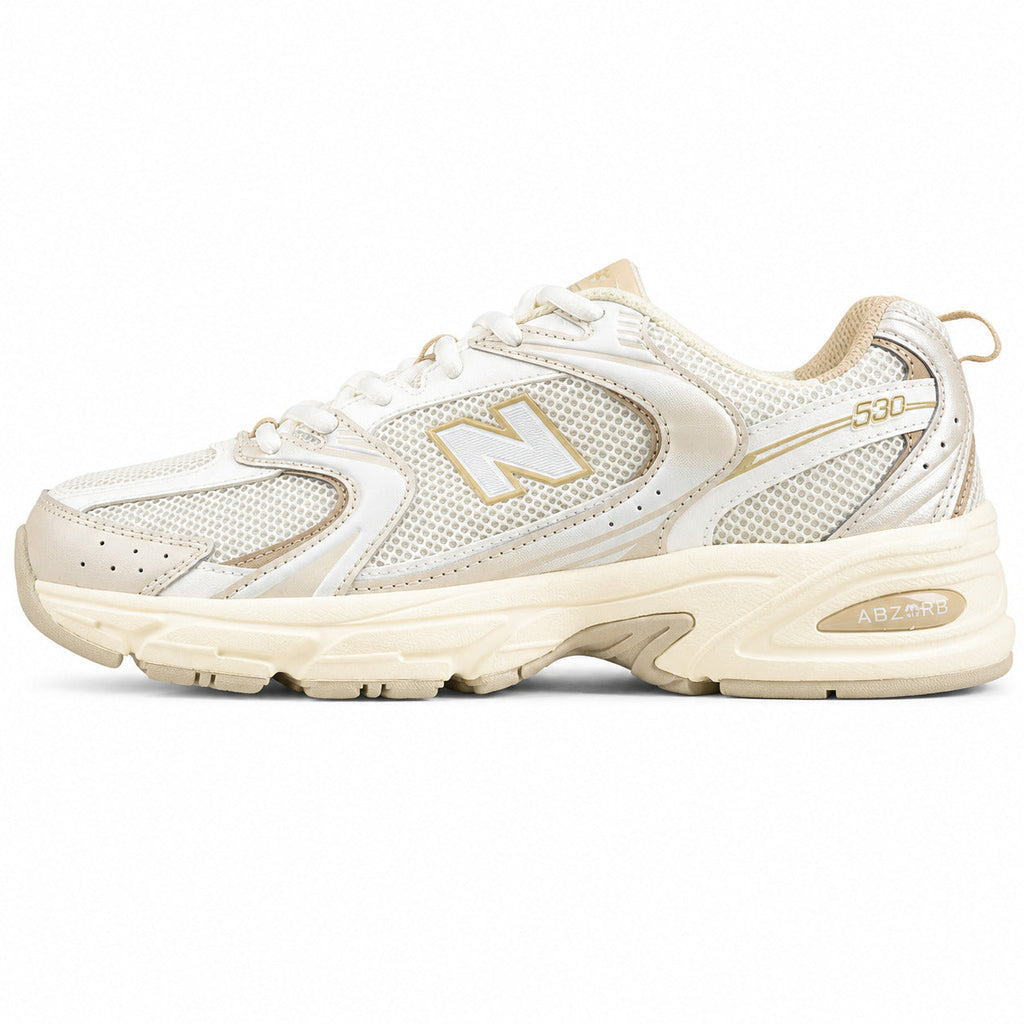 New Balance 530 crema y beige mesh y pele, lateral exterior