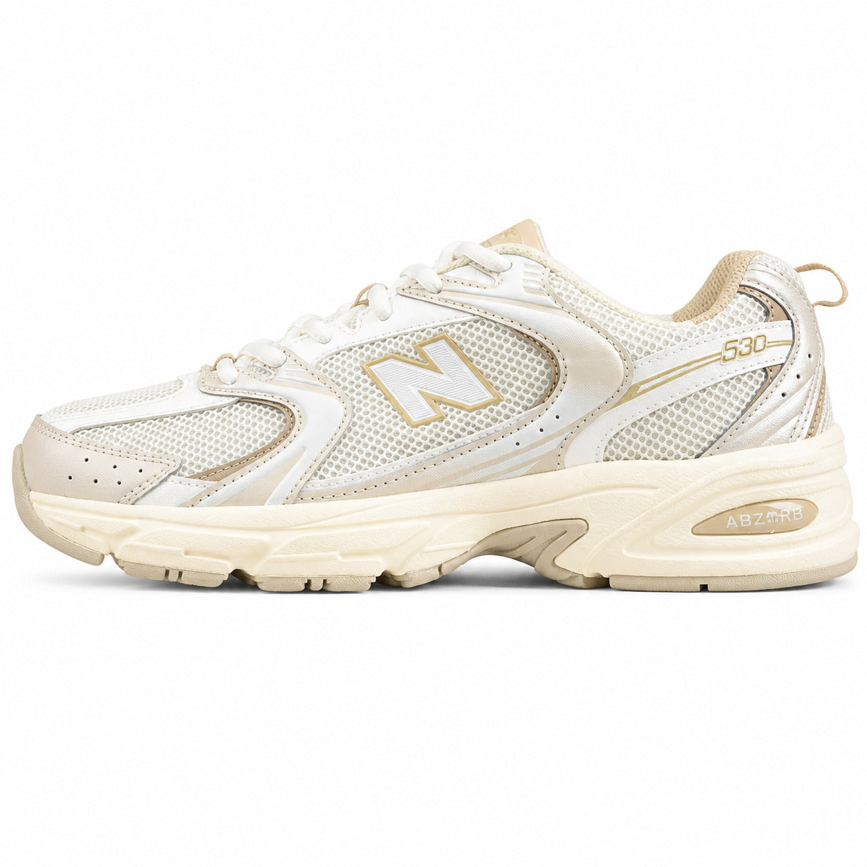 New Balance 530 crema y beige mesh y pele, lateral exterior