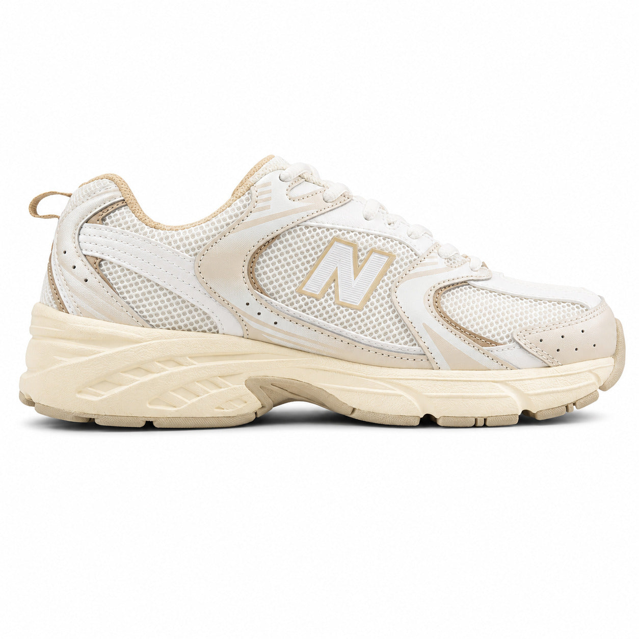 New Balance 530 crema y beige mesh y pele, lateral interior