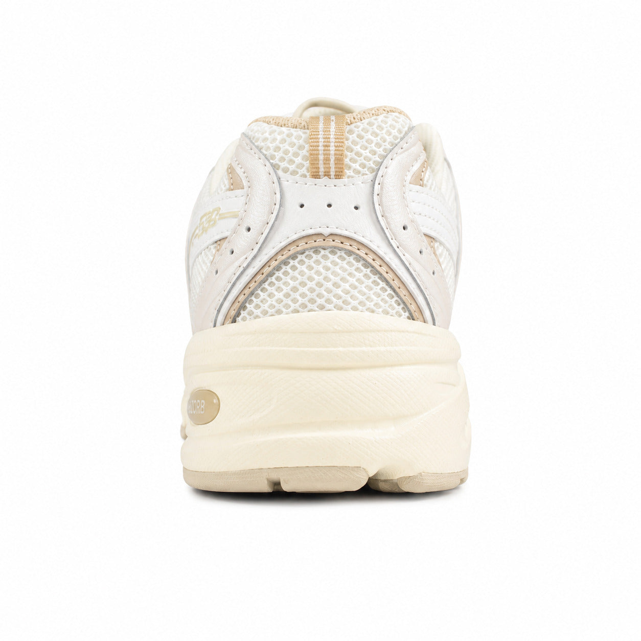 New Balance 530 crema y beige, detalle talón con tecnología ABZORB