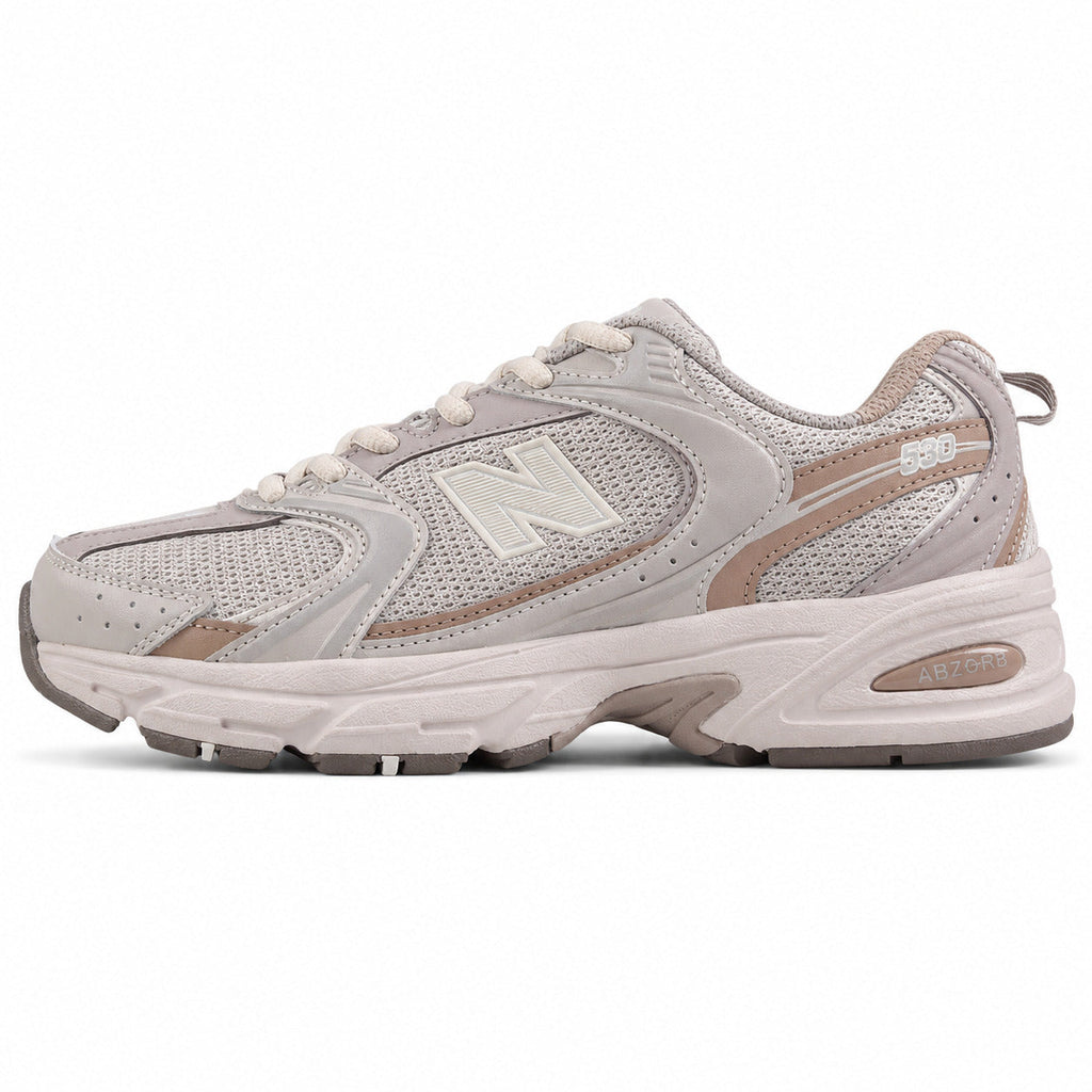 New Balance 530 cinzento arena y rosa polvo mesh y pele, lateral exterior