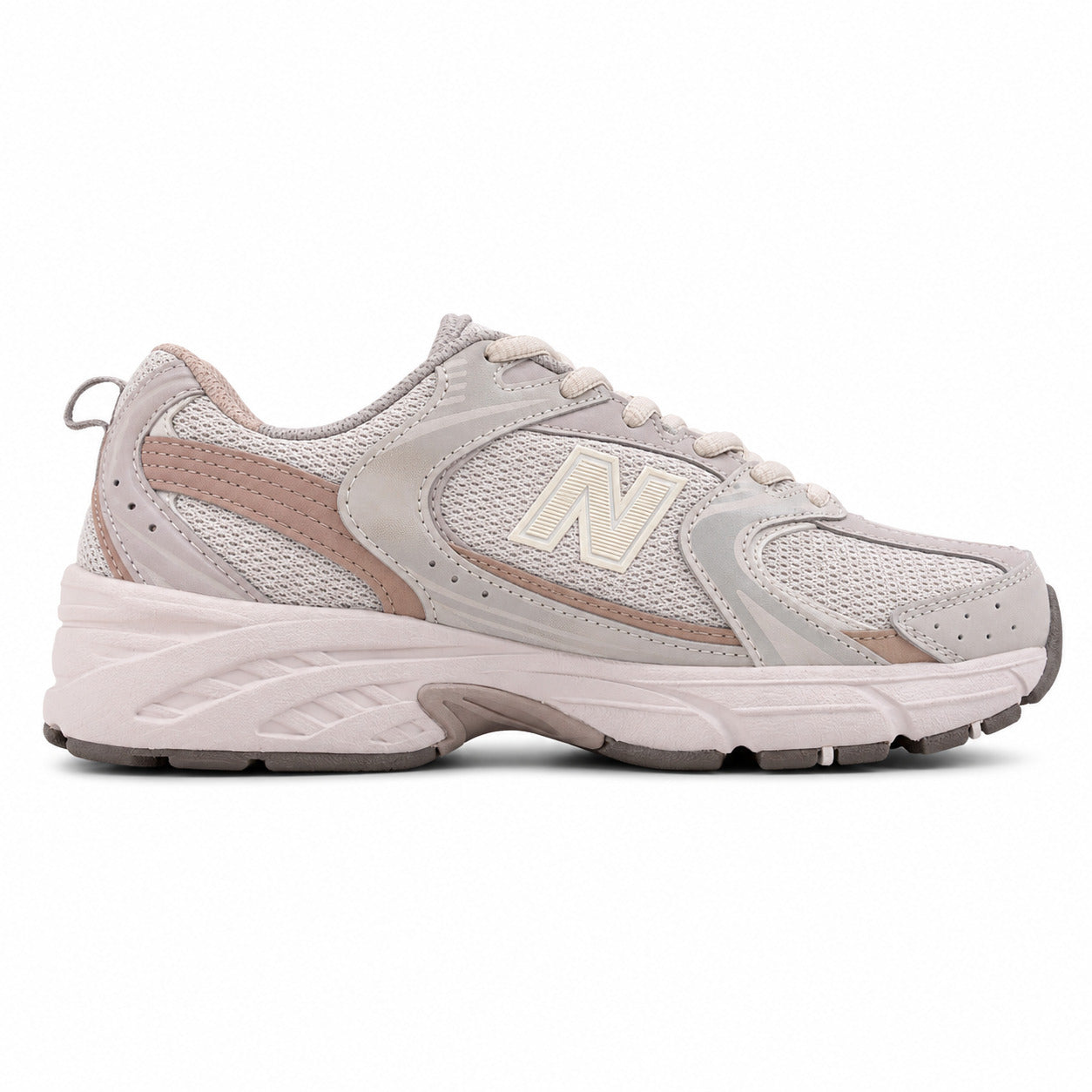 New Balance 530 cinzento arena y rosa polvo mesh y pele, lateral interior