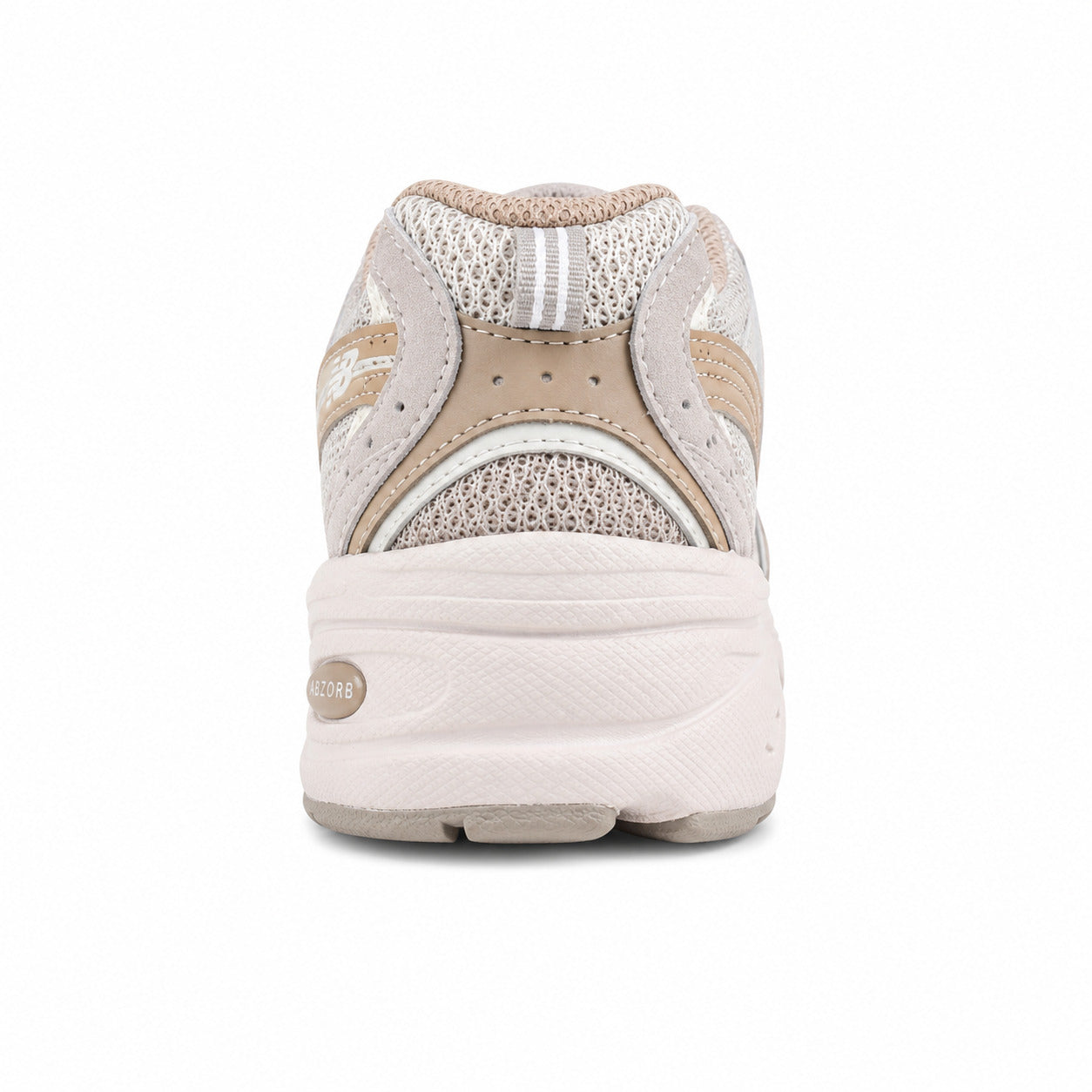 New Balance 530 cinzento arena y rosa polvo, detalle talón con tecnología ABZORB