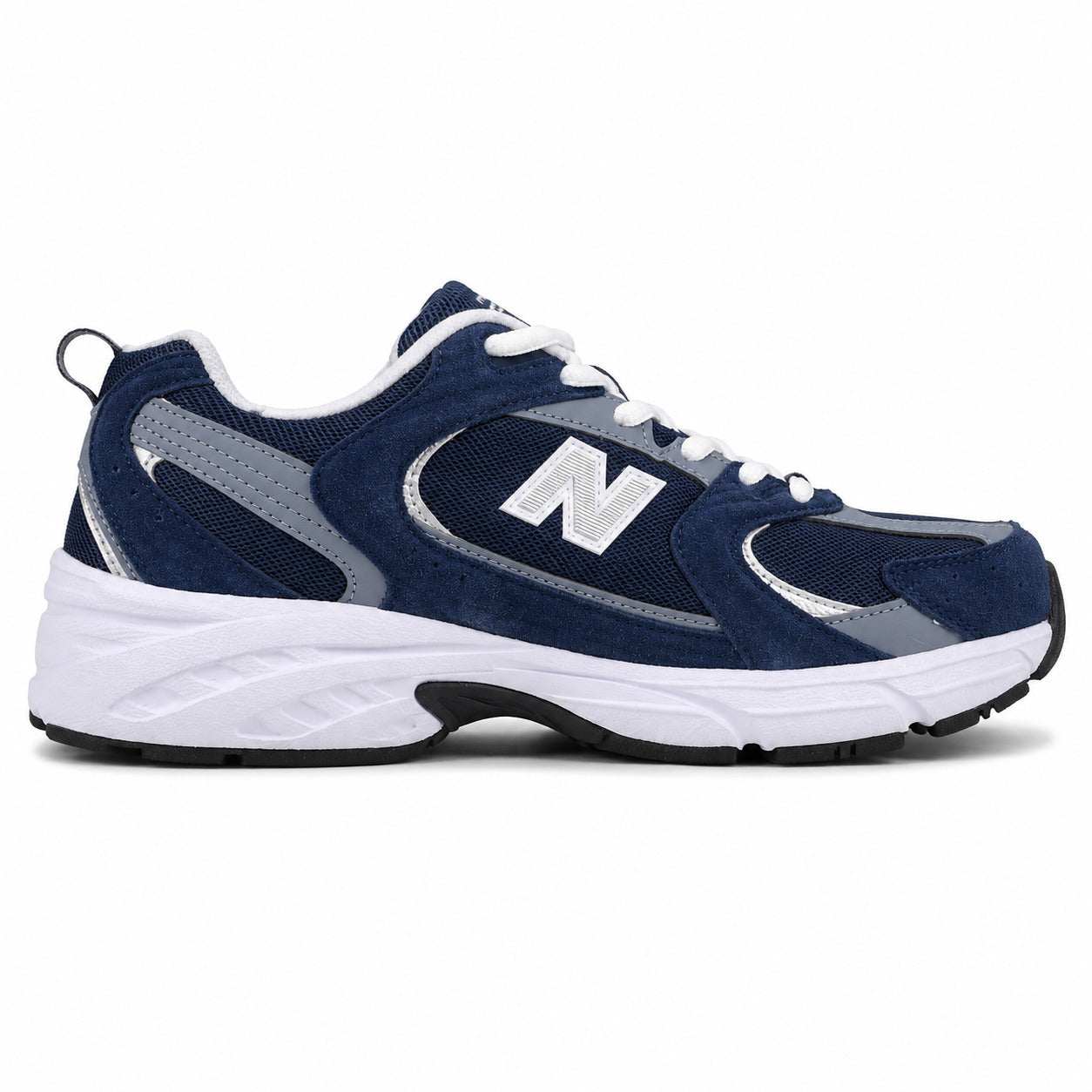 New Balance 530 azul-marinho y cinzento ante y mesh, lateral interior