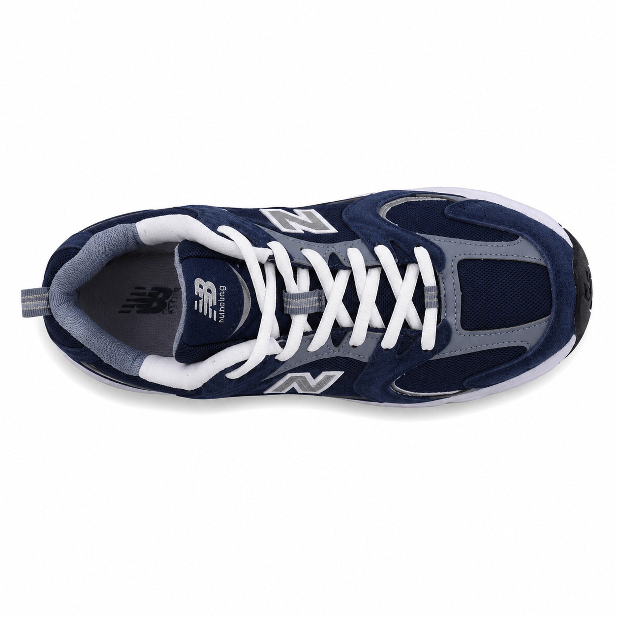 New Balance 530 azul-marinho y cinzento, vista superior con palmilla azul