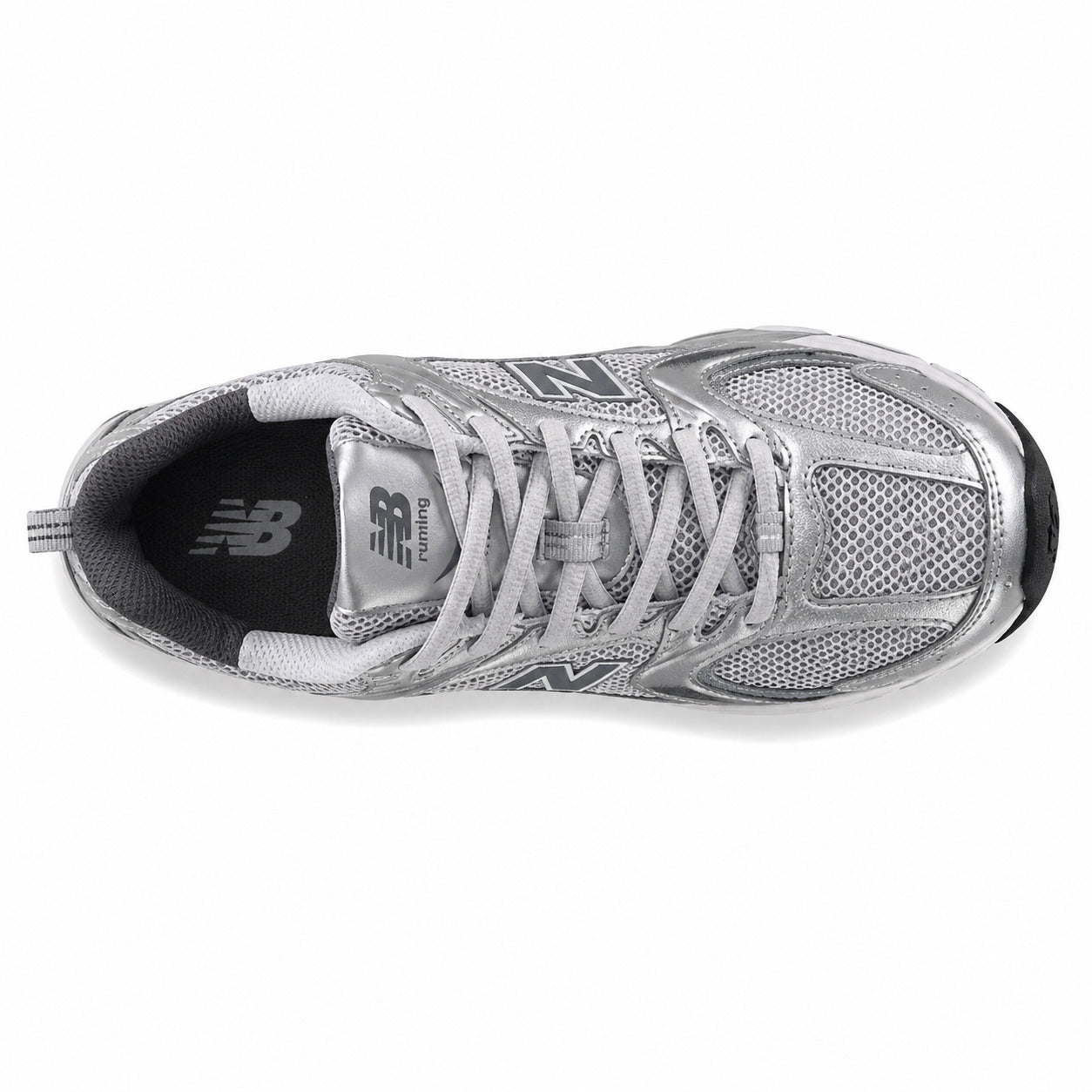 New Balance 530 plata metalizado vista superior cordones