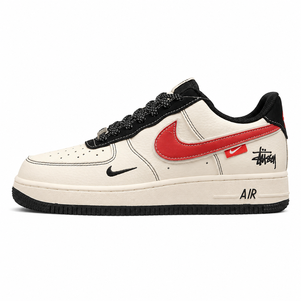 Nike Air Force 1 07 x Stussy beige vermelho preto lateral izquierda