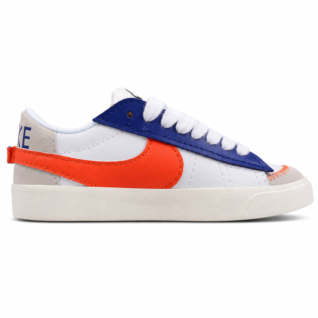 Nike Blazer Low 77 branco azul laranja lateral izquierda detalle