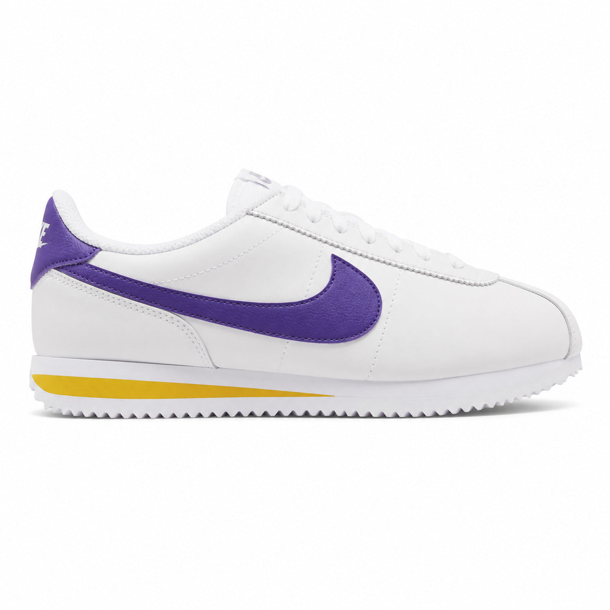 Nike Cortez branco morado amarelo lateral derecha