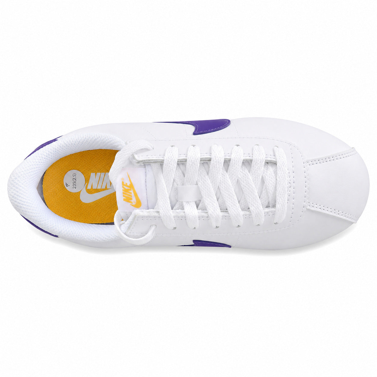 Nike Cortez branco morado amarelo vista superior