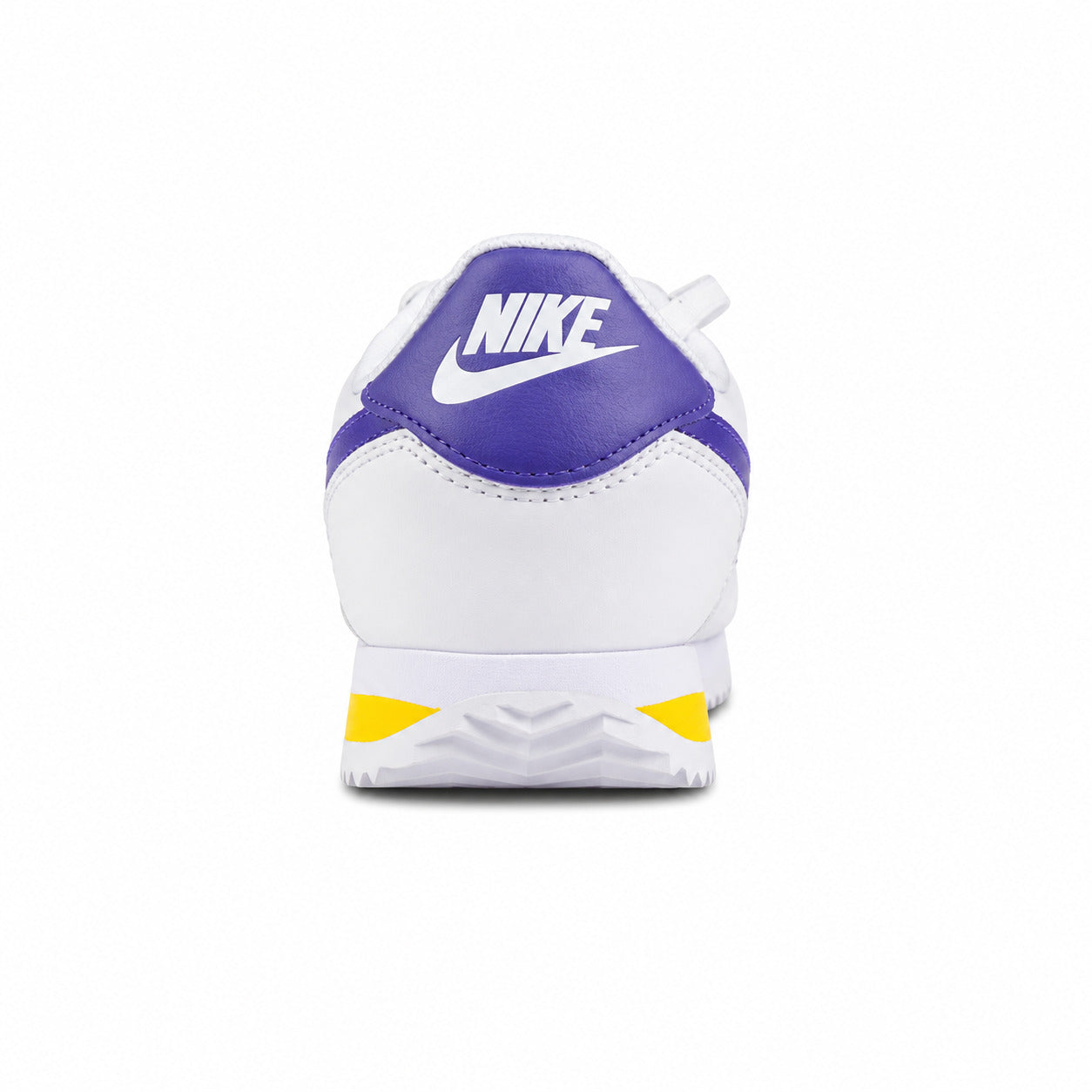 Nike Cortez branco morado amarelo detalle talón