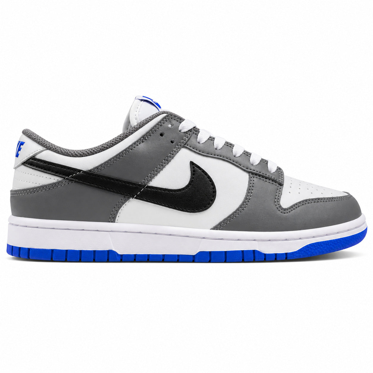Nike Dunk Low branco cinzento preto azul royal lateral derecha