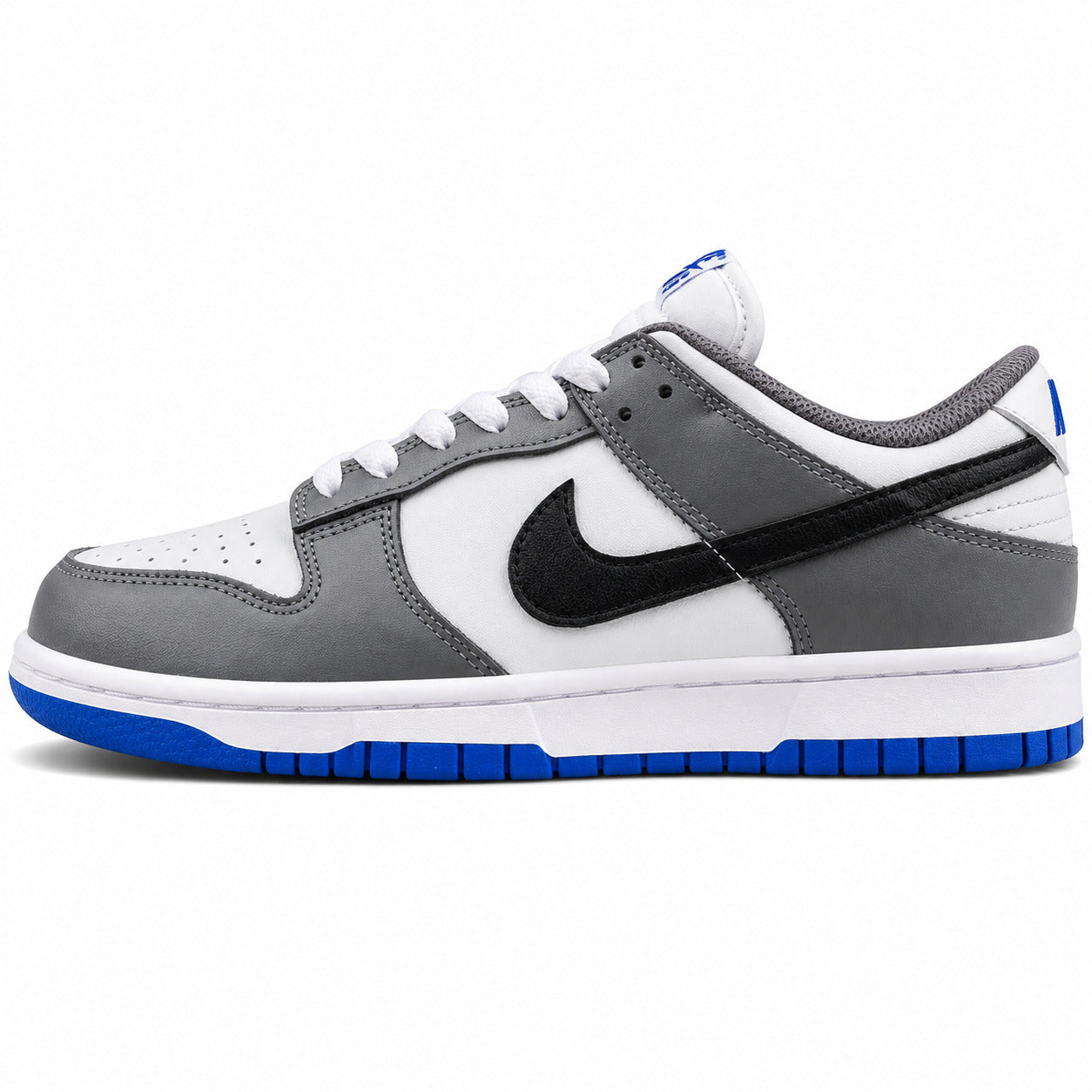 Nike Dunk Low branco cinzento preto azul royal lateral izquierda