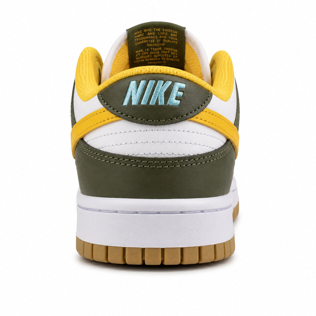 Nike Dunk Low branco verde amarelo detalle talón