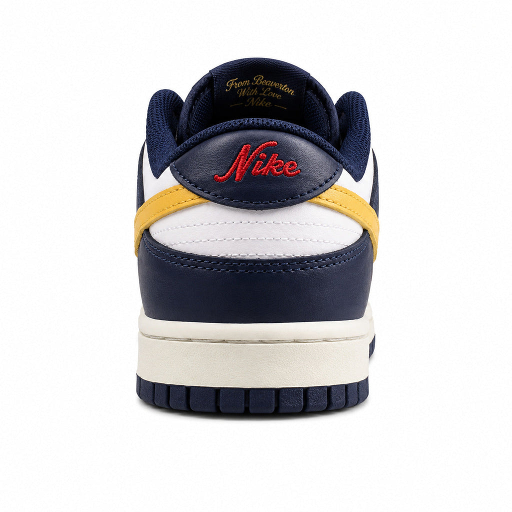 Nike Dunk Low From Beaverton marino branco amarelo detalle talón